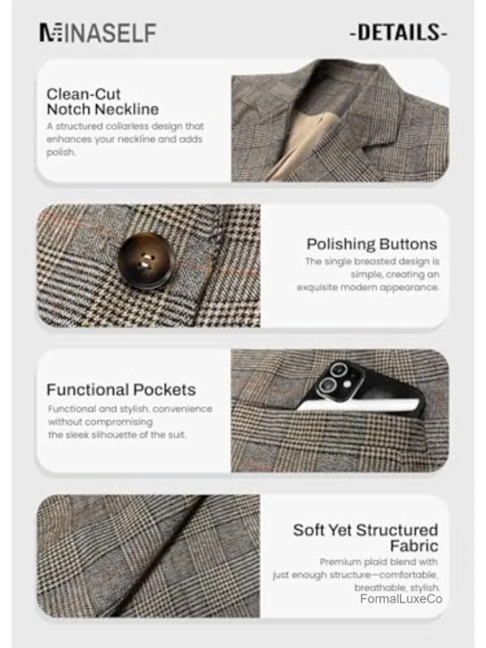 Lightweight Notched Lapel Plaid Blazer with Pockets for Work & Casual